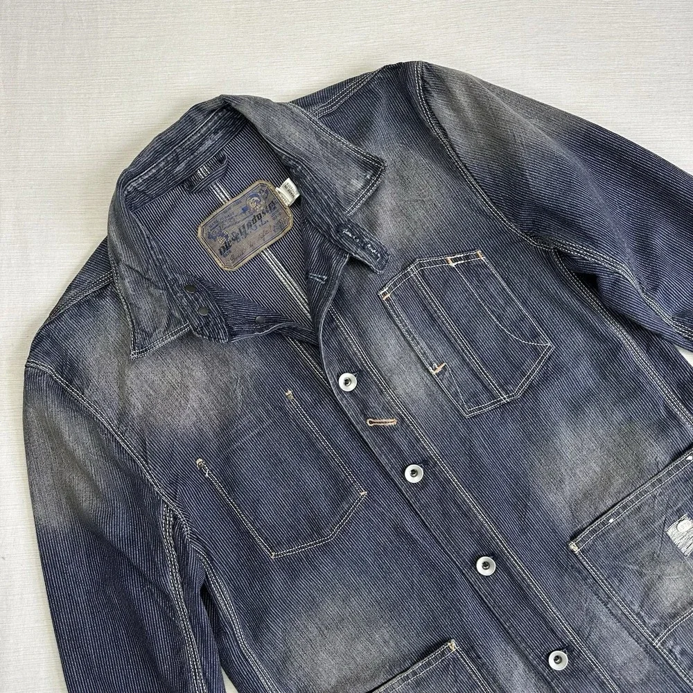 Diesel Railroad Stripe Denim Jacket Sanforized Chinstrap Men Medium Western Fade